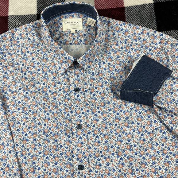 Construct Shirt Mens L Blue Floral GeometricFlip Cuff 4 Way Stretch Performance - Picture 1 of 9